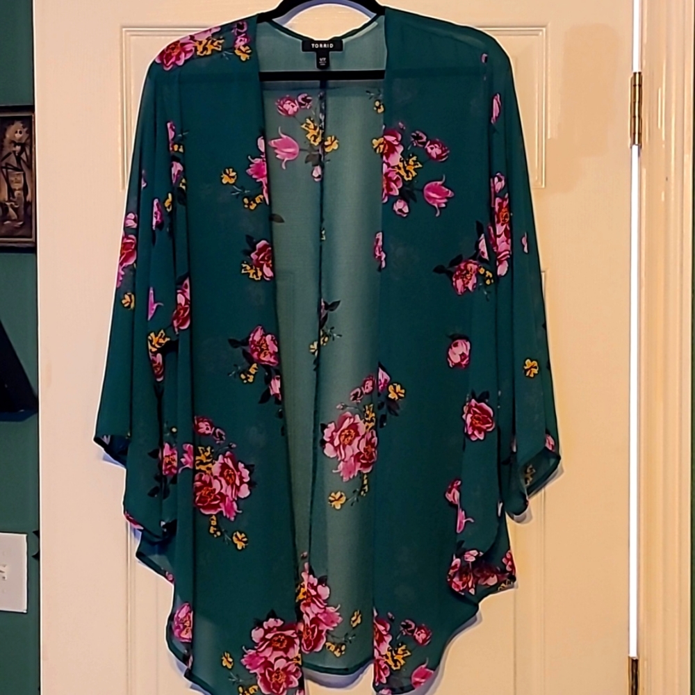 Green Floral Chiffon Kimono